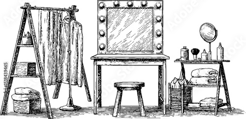 Vintage dressing room setup with vanity and accessories for theatre or makeup inspiration