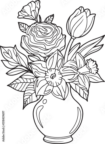 Floral Bouquet silhouette in Decorative Vase – Black and White Line Art for Coloring Pages | Elegant Vase with Beautiful Outline of Flowers and Leaves for Coloring
