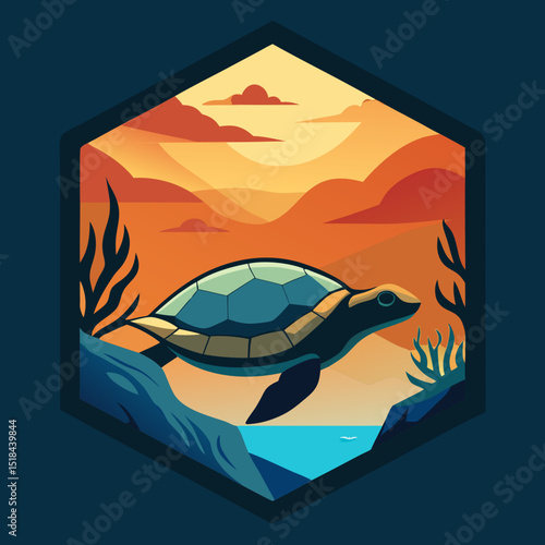 Sea turtle with coral reef background vector illustration
