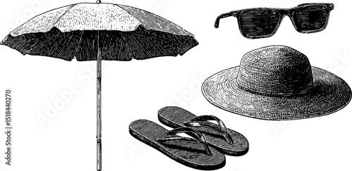 Summer essentials: engraved illustration of beach umbrella, sunglasses, hat, and flip flops
