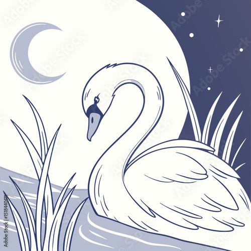 Swan moon dreamlike soft whites and blues vector illustration