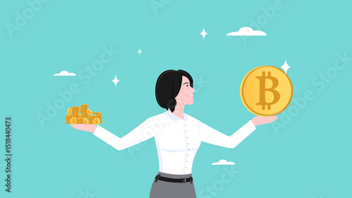 bitcoin value, comparison of the value of bitcoin currency with dollars or gold, Bitcoin and crypto price rising up, crypto currency value growth, businesswoman investor brings bitcoin and coins