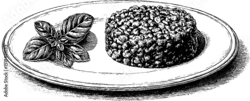 Engraved culinary art featuring beef tartare and tart design for kitchen decor