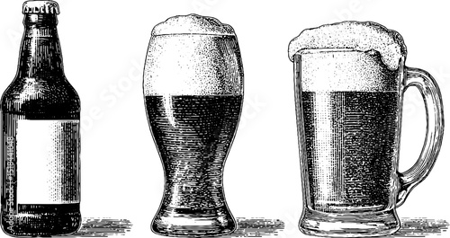 Vintage engraved beer bottle and mug set perfect for bar decor and menu design
