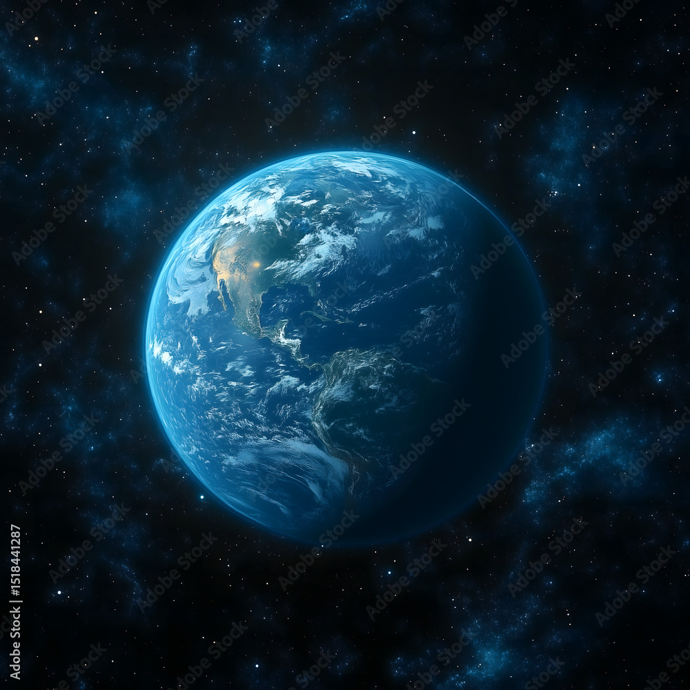 Fototapeta premium Majestic view of earth from space, illuminated by the sun against a starry backdrop.