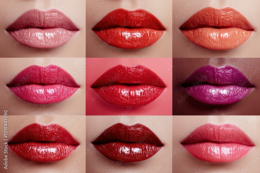 Obraz premium Nine glossy lip swatches are arranged in a 3x3 grid showcasing various lipstick colors on neutral skin creating a makeup display