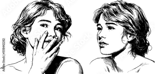 Engraved portrait set featuring blushing expressions and shy gestures for emotional art design