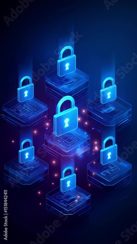 Wallpaper Mural Futuristic isometric grid of neon blue padlocks pulses on dark background, symbolizing data security and digital encryption systems Torontodigital.ca