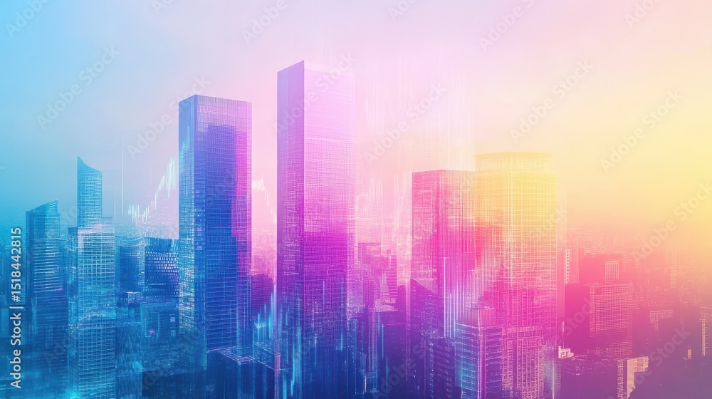 Real estate and investing concept with digital financial chart graphs on bright skyscrapers background. Double exposure illustration , no logos, no brands Real estate and investing concept with digital financial chart graphs on bright skyscrapers background. Double exposure illustration , no logos, no brands
