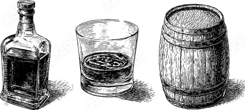 Classic bourbon collection: engraved illustration of bottle, glass, and barrel