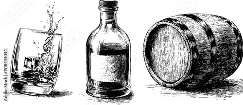 Engraved set of bourbon bottle, splashing glass, and barrel for vintage design
