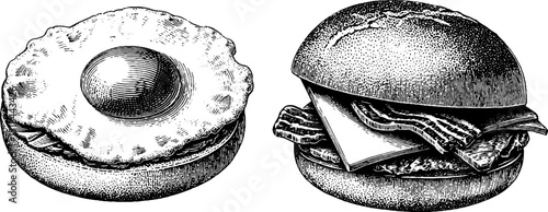 Vintage engraved illustration set of breakfast sandwiches with egg and bacon for culinary design