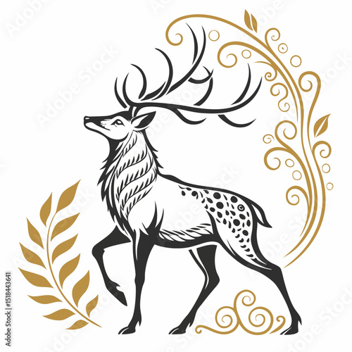 Ornate deer logo with symmetrical antlers and gold highlights vector illustration