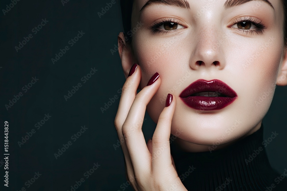 Portrait of a woman with burgundy lips and nail polish dark background striking makeup Portrait of a woman with burgundy lips and nail polish dark background striking makeup