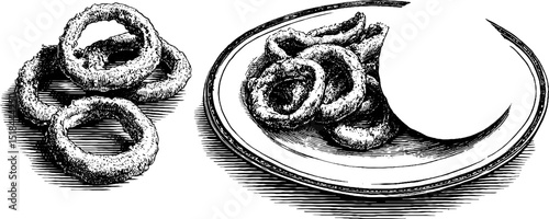 Vintage seafood culinary art: engraved illustration of calamari rings with plate design
