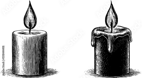 Elegant engraved candle illustration set with flickering flames for design projects