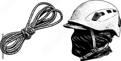 Engraved canyoning gear illustration set featuring helmet and rope for outdoor adventure designs