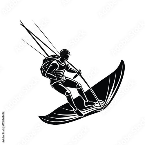 Vector Silhouette of Kite Surfer Riding- Extreme Sport and Creativity Concept Illustration