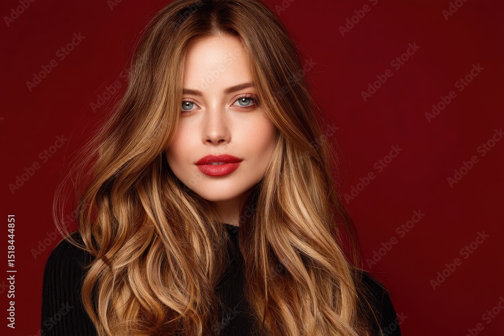 Portrait of a woman with wavy blonde hair red lipstick and blue eyes against a dark red background Portrait of a woman with wavy blonde hair red lipstick and blue eyes against a dark red background