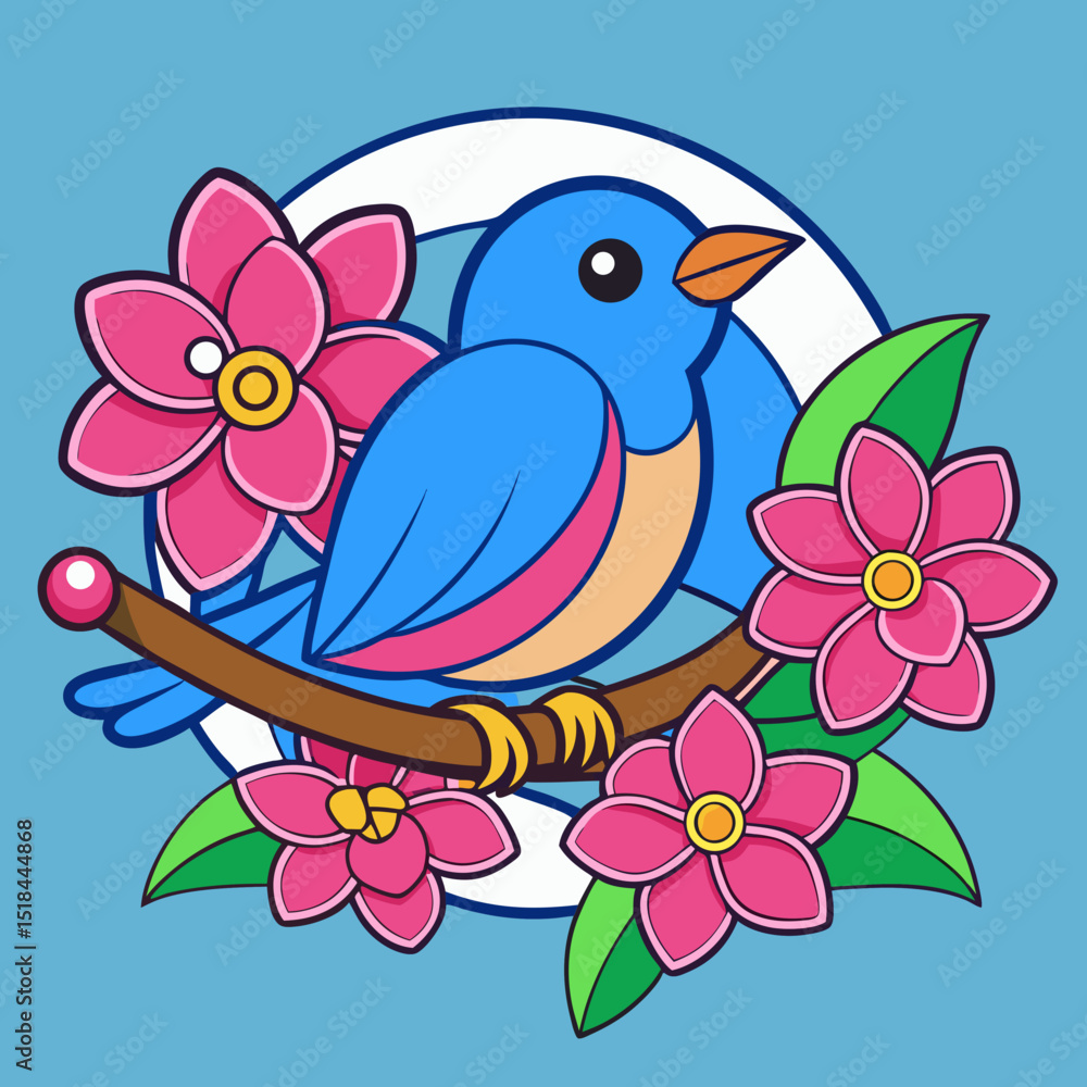 Fototapeta premium Delicate Bird Blooming Branch Logo Vector Illustration