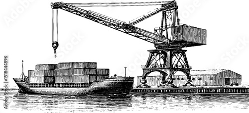 Vintage maritime transport and logistics with cargo ship and crane engravings