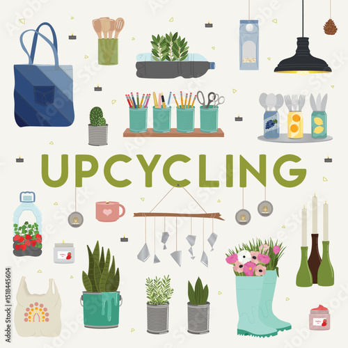 Set of upcycling elements. Handmade and DIY secondary use. Ecological, reasonable consumption and sustainable life concept. Hand drawn vector illustration