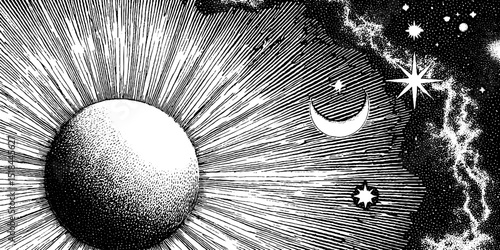 Celestial composition with sun, moon, and stars engraved in vintage style
