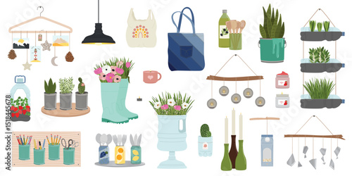 Set of upcycling elements. Handmade and DIY secondary use. Ecological, reasonable consumption and sustainable life concept. Hand drawn vector illustration