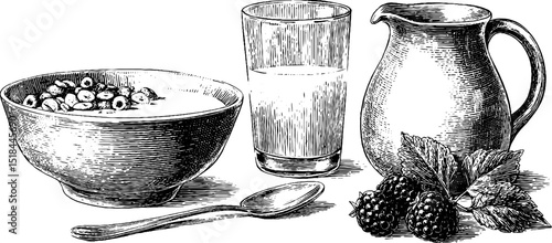 Vintage breakfast scene with cereal bowl, milk, and berries for kitchen art