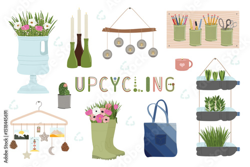 Set of upcycling elements. Handmade and DIY secondary use. Ecological, reasonable consumption and sustainable life concept. Hand drawn vector illustration