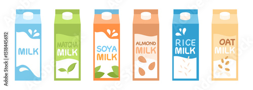 Different types of alternative milk set. Milk packaging in flat style. Oat, soy, rice milk. Almond milk. Matcha.