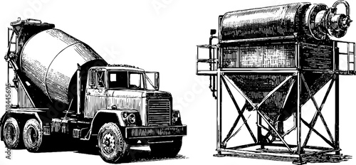 Vintage engraved illustrations of cement truck and industrial equipment for construction design