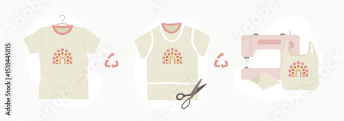 Scheme of upcycling elements. How to upcycle t-shirt. Handmade and DIY secondary use. Ecological, reasonable consumption and sustainable life concept. Hand drawn vector illustration