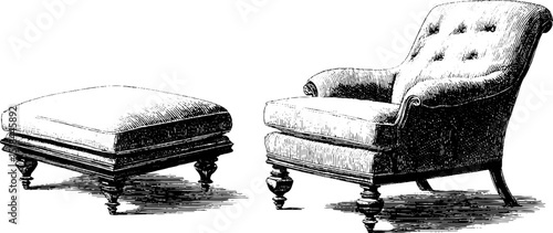 Vintage engraved illustration of a chaise lounge and ottoman set for interior design inspiration