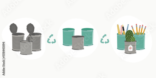 Scheme of upcycling elements. How to upcycle Steel can. Handmade and DIY secondary use. Ecological, reasonable consumption and sustainable life concept. Hand drawn vector illustration