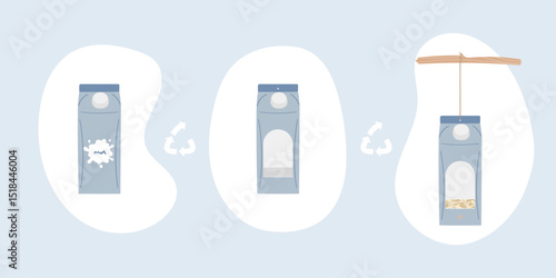 Scheme of upcycling elements. How to upcycle milk bow to birdhouse. Handmade and DIY secondary use. Ecological, reasonable consumption and sustainable life concept. Hand drawn vector illustration