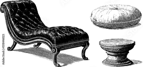 Vintage engraved illustration of chaise lounge with accessories for interior design