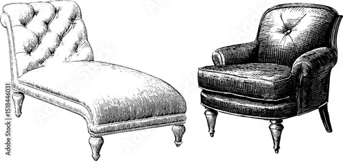 Vintage engraved chaise lounge and armchair set for classic interior design