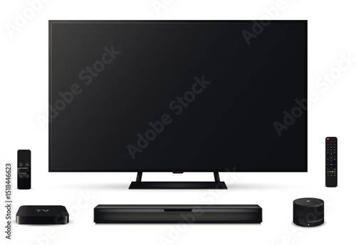 Realistic oled tv screen with remote control, sound bar, set-top box and smart speaker isolated on white background