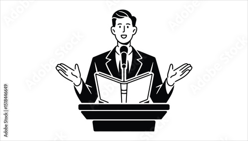 Public Speaker at Podium Vector. Businessman Giving Speech with Microphone and Book.