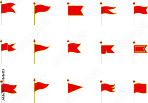 Royal flags icon set. Medieval banners and trophy luxury fantasy empty flags, medieval battle flag. Hanging fabric royal banner, pennant mockup, castle wall flags vector illustration.