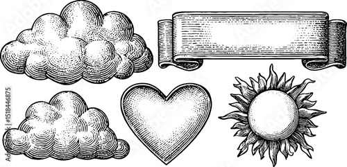 Vintage engraved cloud and sun illustration set with heart and banner for design