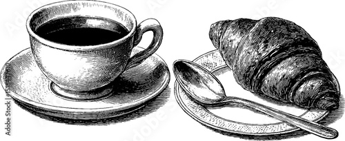 Vintage coffee cup and croissant engraving for design and decor