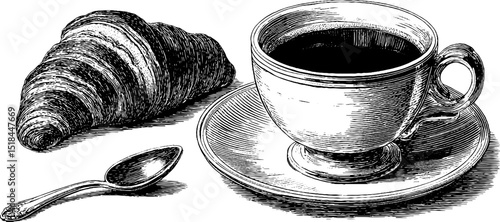 Vintage coffee cup, saucer, and croissant engraving for elegant design and decor