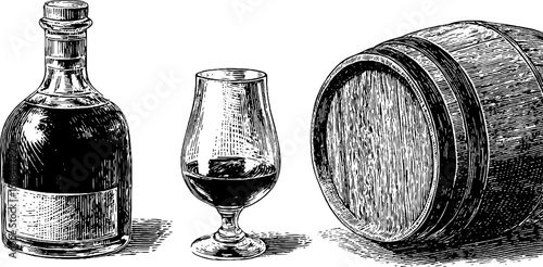 Vintage cognac illustration set featuring bottle, glass, and barrel for traditional design