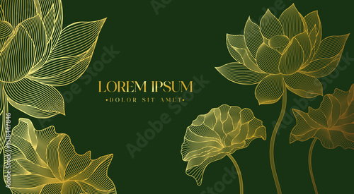 Obraz na plátně Golden line art of lotus flowers and leaves on a dark green background