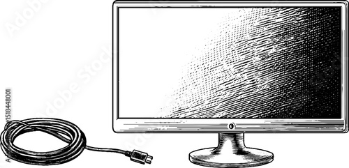 Vintage engraved illustration of computer monitor with cable for retro design