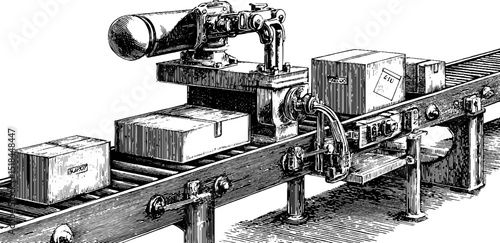 Vintage industrial conveyor belt with parcels - engraved illustration for mechanical design
