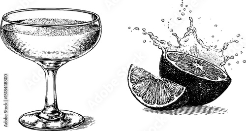 Engraved cosmopolitan glass and citrus splash design for beverage menu and bar decor