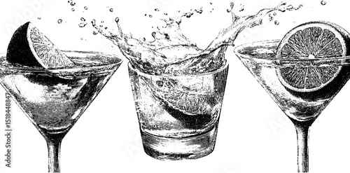 Engraved illustration set of cosmopolitan glasses with citrus garnish
